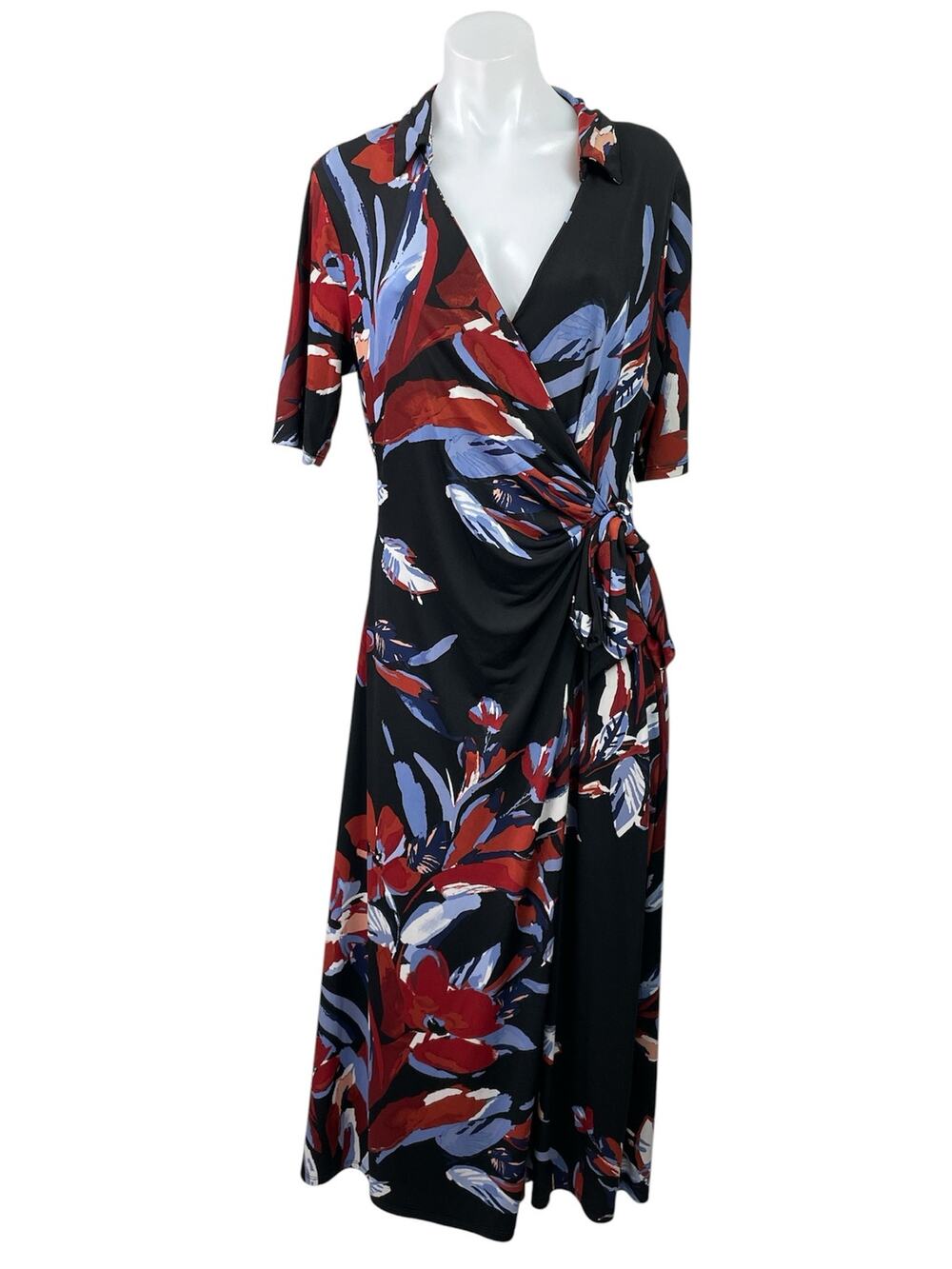 MSK Black Floral Short Sleeve V Neck Collared Tie A Line Maxi Wrap Dress Size L